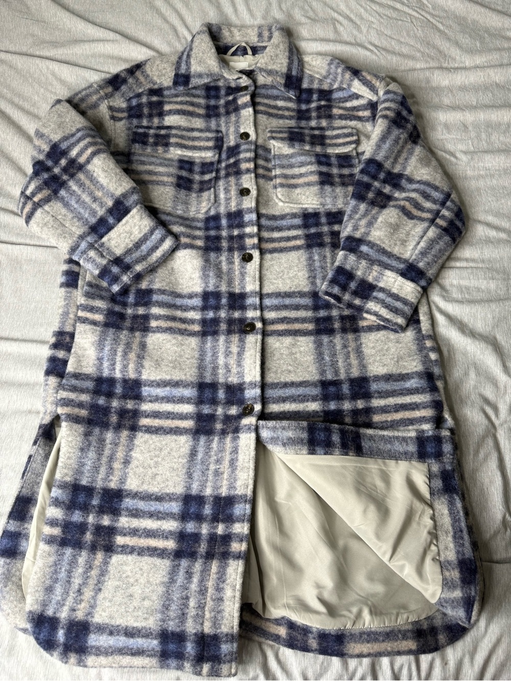 H&M Navy and White Plaid Long Shacket Coat